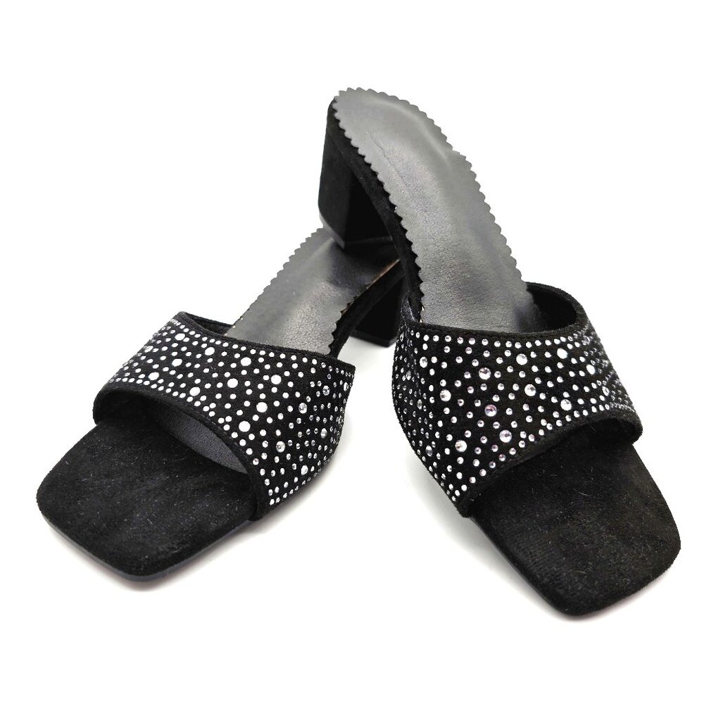 Black Rhinestone Slide Sandals Size 9 US (EU 40) – Square Toe Low Block Heel